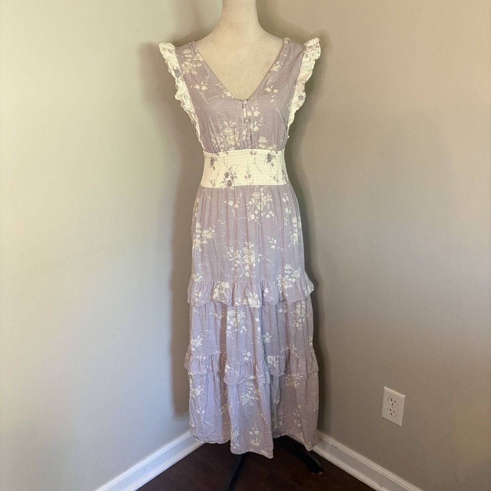 Anna Cate Tuckernuck Emmaline Lilac Floral Tiered Maxi Dress XS EUC Purple White